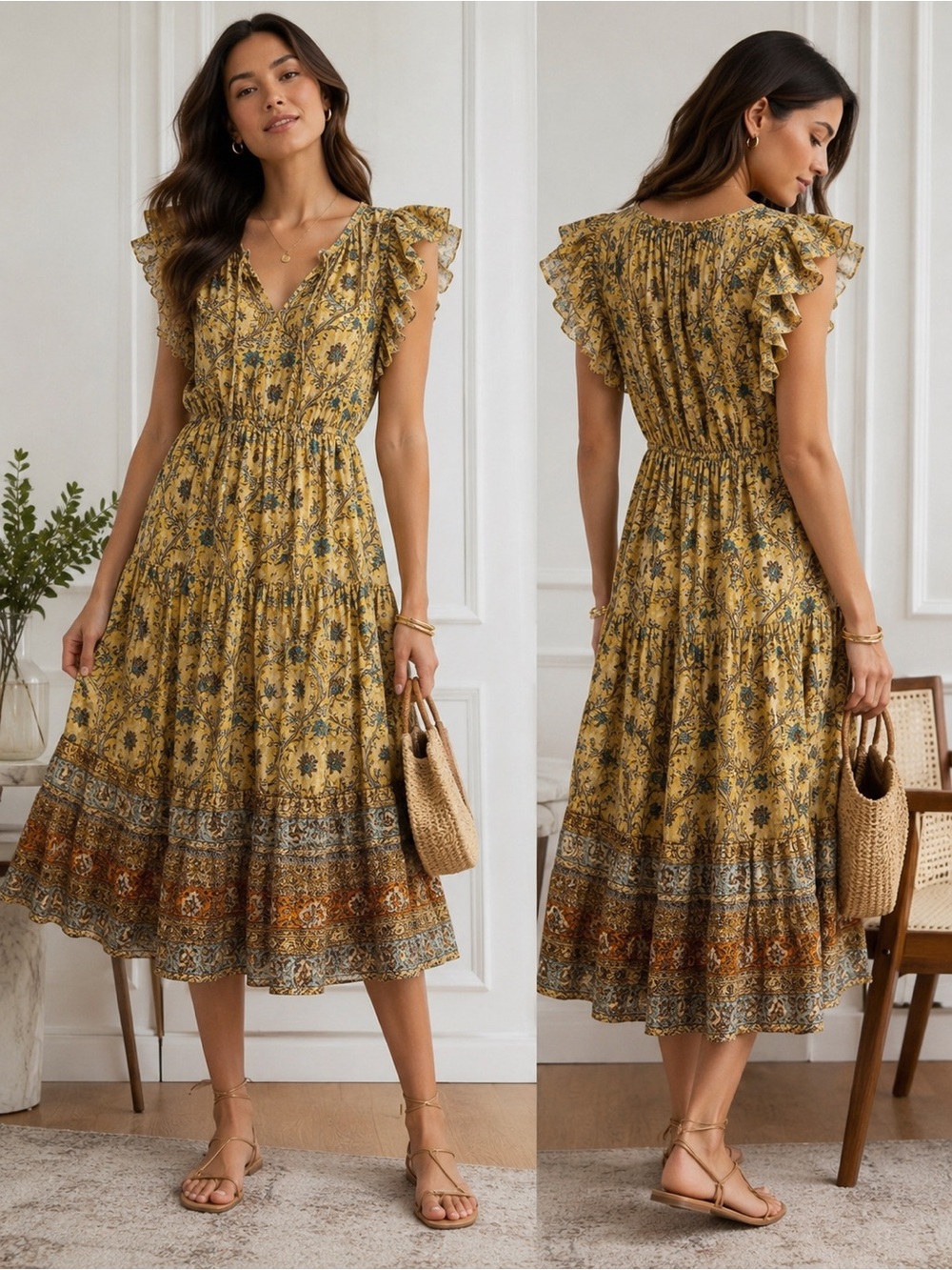 Ulla Johnson Boho Floral Tiered Midi Dress Flutter Sleeves Women’s 12
